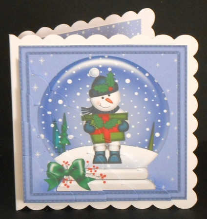 Christmas Snowglobe Snowman has a Present Scallop Corner side stacker Topper by Joan Prince