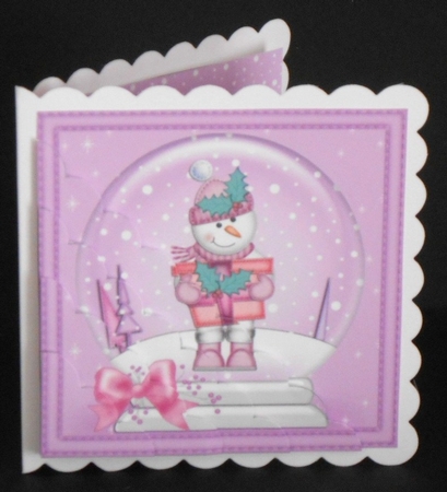 Christmas Snowglobe Snowman has a Present Scallop Corner side stacker Topper by Joan Prince