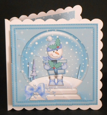 Christmas Snowglobe Snowman has a Present Scallop Corner side stacker Topper by Joan Prince
