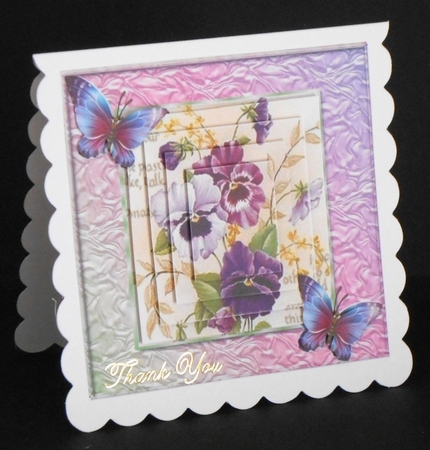pretty purple pansies with butterflies in ornate frame pyramids by Joan Prince