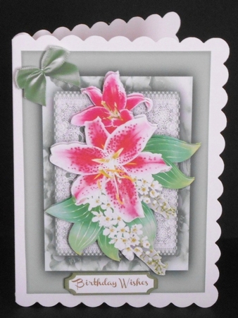 Beautiful  Pink Lillies on lace  by Joan Prince