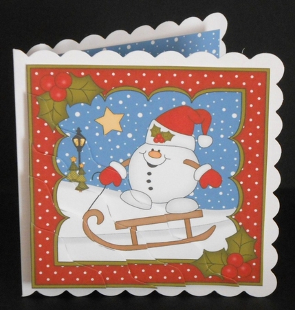 Christmas Snowball Sam is Sledging Wavy Corner Topper by Joan Prince