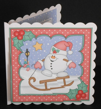 Christmas Snowball Sam is Sledging Wavy Corner Topper by Joan Prince