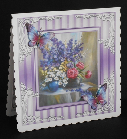 pretty flowers in a vase with purple butterflies 8x8 by Joan Prince