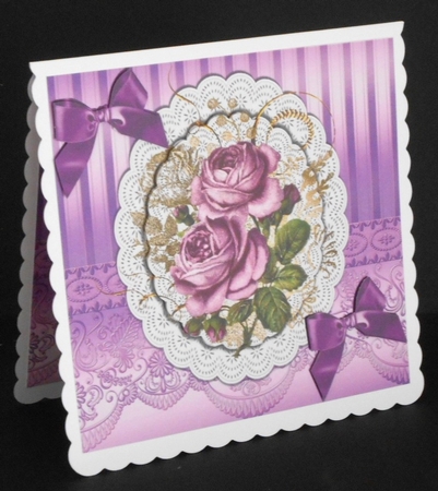 purple roses on doilies with satin bows 8x8 by Joan Prince