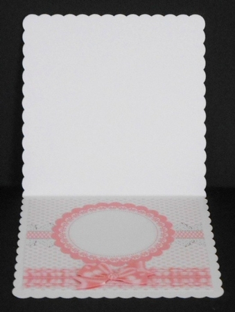 Pink frilly, polkadot & gingham card front with topper and bow 8x8 by Joan Prince
