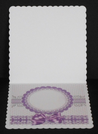 Purple frilly, polkadot & gingham card front with topper and bow 8x8 by Joan Prince
