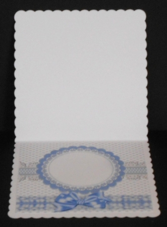 Blue frilly, polkadot & gingham card front with topper and bow 8x8 by Joan Prince