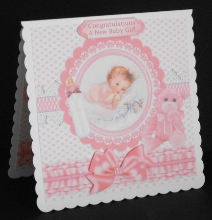 cute little baby girl with her pink teddy & bottle 8x8 by Joan Prince