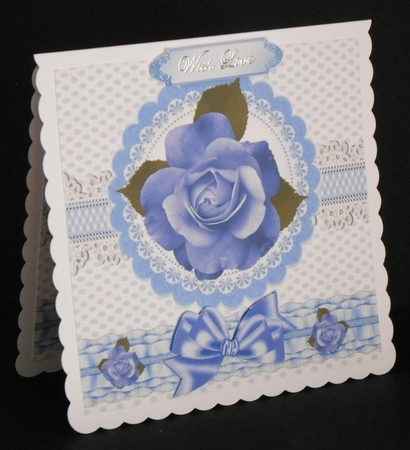 pretty blue rose with lace and gingham 8x8 by Joan Prince