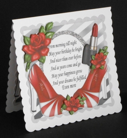 pretty red shoes, with red roses and horizontal stripe frame with verse 8x8 by Joan Prince