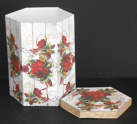 GORGEOUS TALL HEXAGONAL DECOUPAGE BOX - DRAMA ROSES by Joan Prince