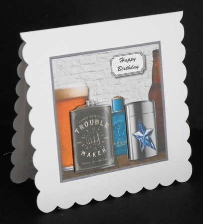 Aftershave, beer and hip flask birthday card by Joan Prince