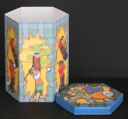 GORGEOUS TALL HEXAGONAL DECOUPAGE BOX - FORE! FATHERS DAY BIRTHDAY by Joan Prince
