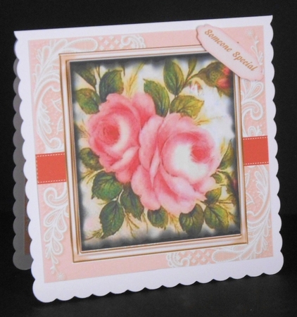 Beautiful pink Roses on Crner lace  by Joan Prince
