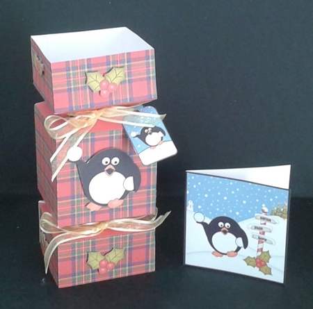 3D Large Christmas Cracker Box -  Tartan Pip Penguin by Joan Prince