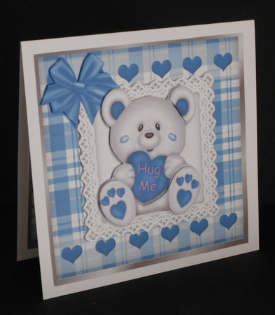 Cute white Hug Me Bear with blue  heart on lace with bow 8x8 mini kit by Joan Prince