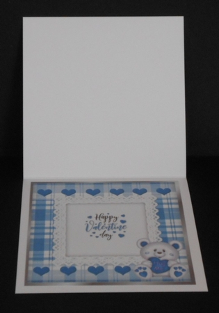 Cute white Hug Me Bear with blue  heart on lace with bow 8x8 mini kit by Joan Prince