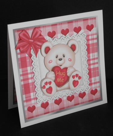 Cute white Hug Me Bear with pink  heart on lace with bow 8x8 mini kit by Joan Prince