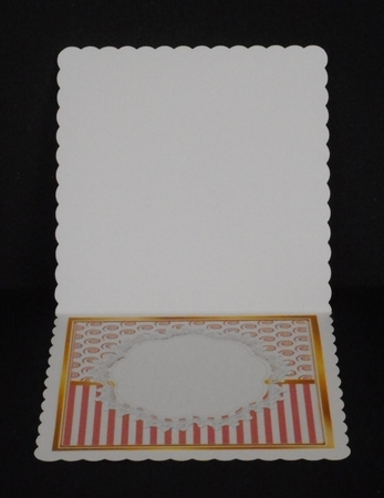 Pretty lace centre and pink stripe/swirls and bow card fronts 8x8  by Joan Prince