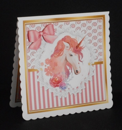 Pretty lace centre and pink stripe/swirls and bow card fronts 8x8  by Joan Prince
