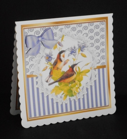 Pretty lace centre and purple stripe/swirls and bow card fronts 8x8 by Joan Prince