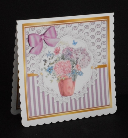 Pretty lace centre and lilac stripe/swirls and bow card fronts 8x8 by Joan Prince
