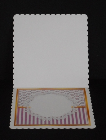 Pretty flower vase on lace  with  lilac stripe/swirls and bow card fronts 8x8 by Joan Prince