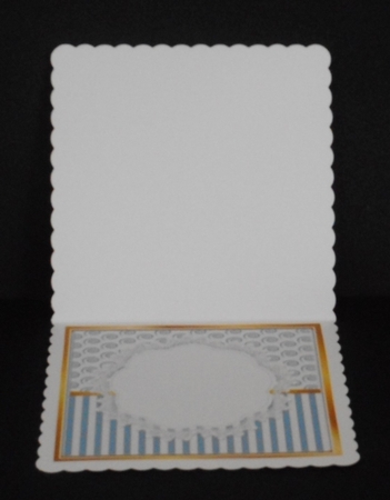 Pretty budgies on lace  with blue stripe/swirls and bow card front 8x8 by Joan Prince