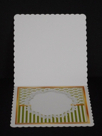Pretty brown puppy on lace  with green stripe/swirls and bow card front 8x8 by Joan Prince