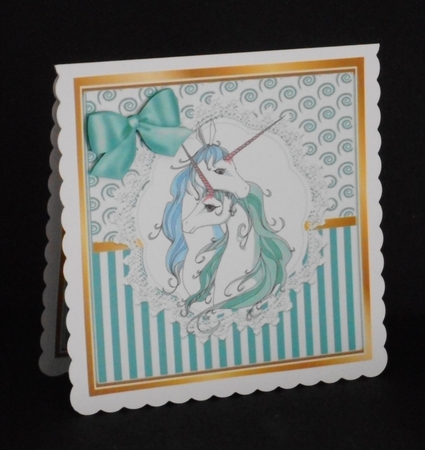 Pretty embracing unicorns on lace  with turq stripe/swirls and bow card front 8x8 by Joan Prince