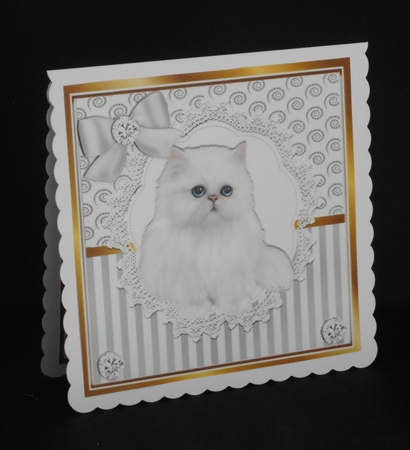 Pretty white persian on lace  with diamonds,. silver stripe/swirls and bow card front 8x8 by Joan Prince