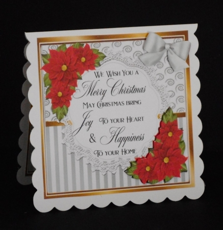 Pretty silver stripe/swirls and red poinsettias christmas card front 8x8 by Joan Prince