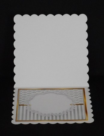 Pretty silver stripe/swirls and red poinsettias christmas card front 8x8 by Joan Prince