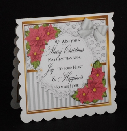 Pretty silver stripe/swirls and pink poinsettias christmas card front 8x8 by Joan Prince