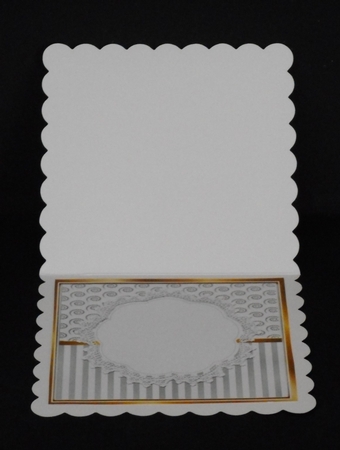 Pretty silver stripe/swirls and pink poinsettias christmas card front 8x8 by Joan Prince