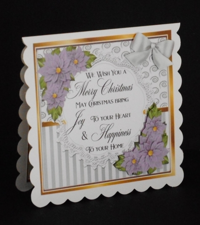 Pretty silver stripe/swirls and lilac poinsettias christmas card front 8x8 by Joan Prince