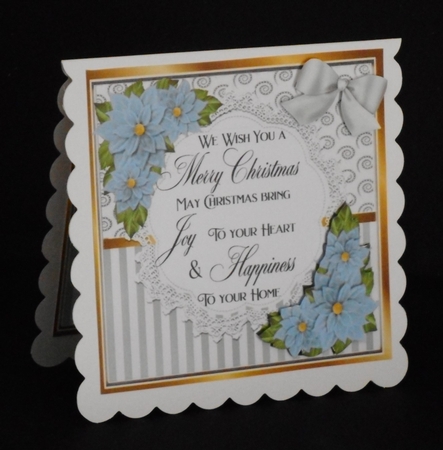Pretty silver stripe/swirls and blue poinsettias christmas card front 8x8 by Joan Prince