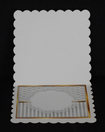 Pretty silver stripe/swirls and blue poinsettias christmas card front 8x8 by Joan Prince