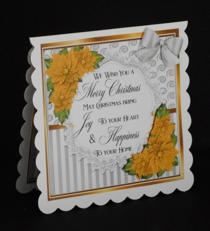 Pretty silver stripe/swirls and gold poinsettias christmas card front 8x8 by Joan Prince
