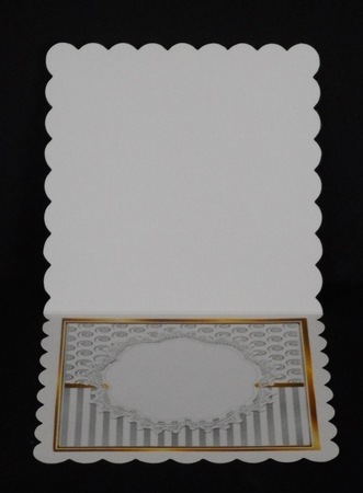 Pretty silver stripe/swirls and gold poinsettias christmas card front 8x8 by Joan Prince