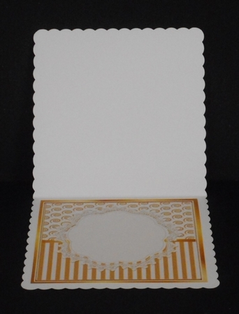 Pretty lace centre and gold stripe/swirls and bow card fronts 8x8 by Joan Prince