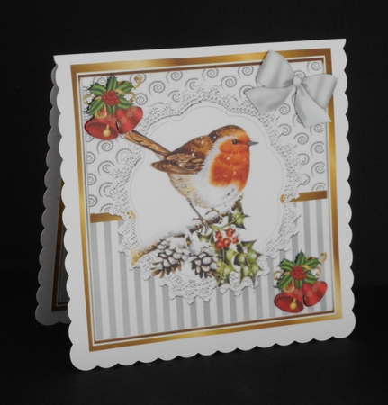 Pretty  silver stripe/swirls  card front with robin & bells 8x8 by Joan Prince