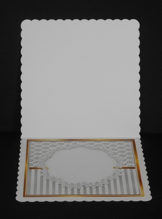Pretty  silver stripe/swirls  card front with robin & bells 8x8 by Joan Prince