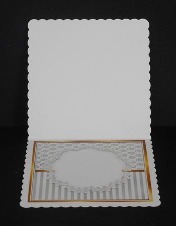 Pretty silver stripe/swirls /lace card front with white puppy pink roses 8x8 by Joan Prince
