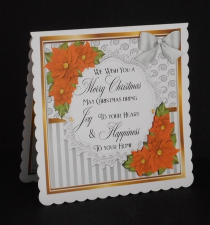 Pretty silver stripe/swirls and orange poinsettias christmas card front 8x8 by Joan Prince