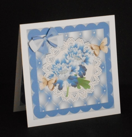 Pretty blue quilt effect card front with lace doily 8x8 by Joan Prince