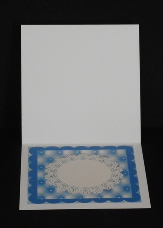 Pretty blue flowers with paper butterflies on lace with bow card front 8x8 by Joan Prince