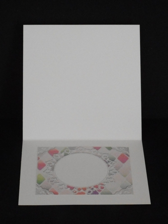 Pretty Diamond and oval lace topper, card front with purple bows 7x7 by Joan Prince