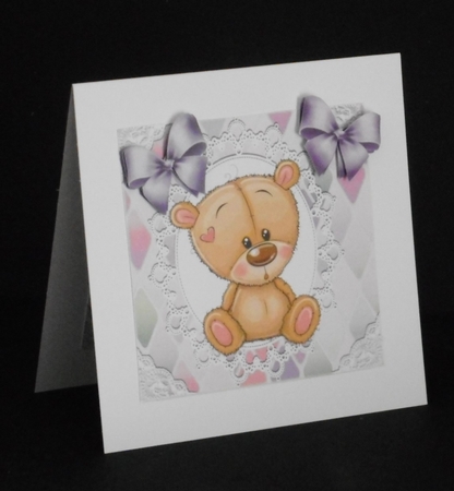 Cute teddy in pretty diamond and oval lace card front 7x7 by Joan Prince